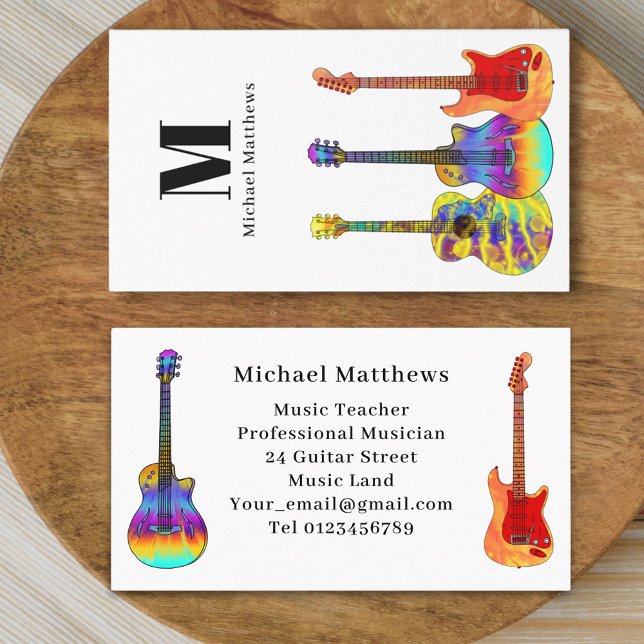 Cartão De Visita Personalizado do Monograma do Professor de Música  (Modern guitar music teacher professional musician Business card Colorful guitar artwork design)
