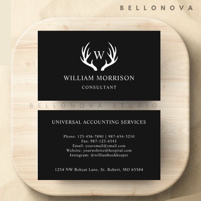 Cartão De Visita Personalizado, preto e branco, profissional de vea (Custom Black And White Deer Antler Professional Business Card)
