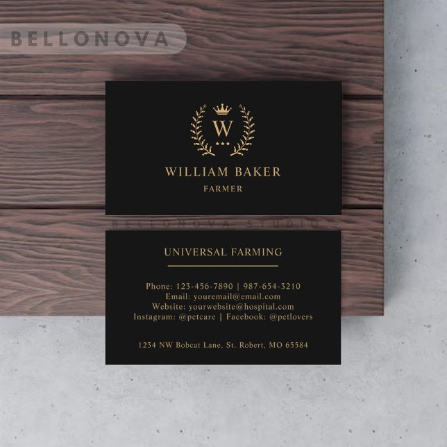 Cartão De Visita Personalizar Nome Inicial Preto E Dourado Monogram (Custom Initial & Name Black And Gold Monogrammed Business Card)