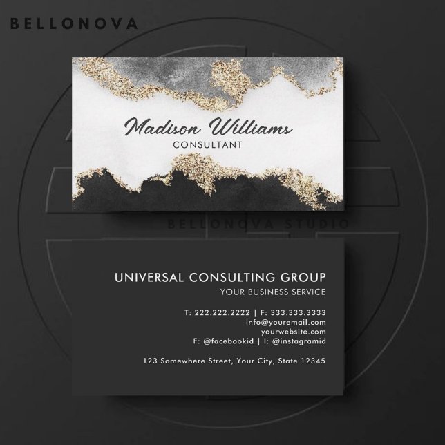 Cartão De Visita Personalizável Cinza branca Dourada preta profissi (Customizable Black Gold White Grey Professional Business Card)