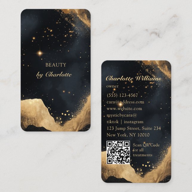 Cartão De Visita Personalized Black & Gold Galaxy QR Code (Frente/Verso)