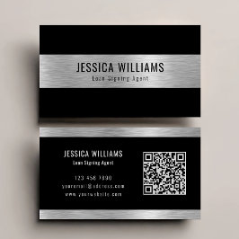 Cartão De Visita Personalized Elegant Brushed Silver Black QR Code
