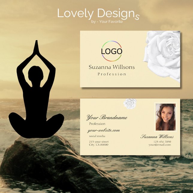 Cartão De Visita Pêssego Pêssego Branco Rosa Simples com Foto de Lo (Criador carregado)