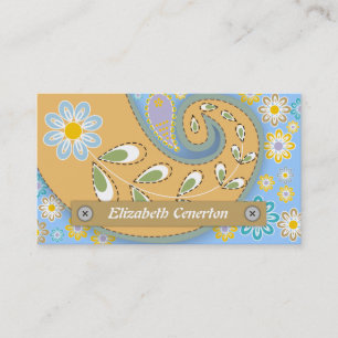 Cartão De Visita Pêssego retrô, azul paisley motif floral