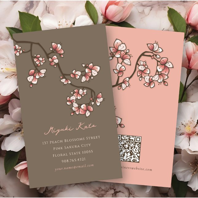 Cartão De Visita Pêssego-rosa-oriental Blossomo Chic Sakura (Oriental Pink Peach Blossoms Elegant Chic Sakura Spring Flowers Business/Profile Card @ fat_fa_tin)