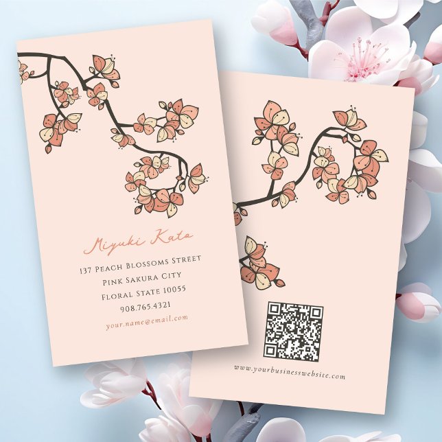 Cartão De Visita Pêssego-rosa-oriental Blossomo Chic Sakura (Oriental Pink Plum/Peach Blossoms Elegant Chic Floral Sakura Business/Profile Card @ fat_fa_tin)