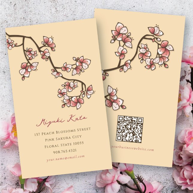 Cartão De Visita Pêssegos Rosa Brilhantes Flores Elegantes Florais  (Oriental Pink Peach Blossoms Elegant Chic Sakura Spring Flowers Business/Profile Card @ fat_fa_tin)