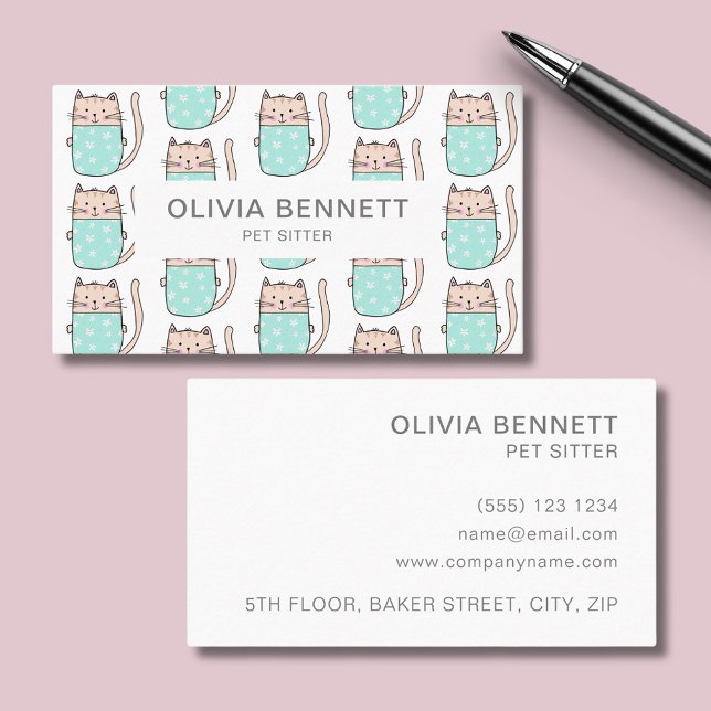 Cartão De Visita Pet De Gato Cortado (Cat themed pet sitter professional business card.  Easily edit online with your own details.)