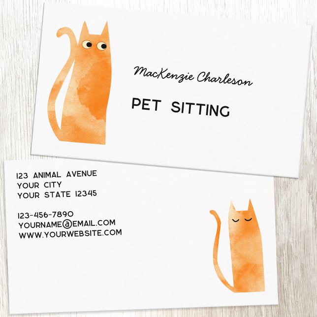 Cartão De Visita Pet De Gengibre Laranja (Orange Ginger cat watercolor custom text pet feeding cat sitting business card)