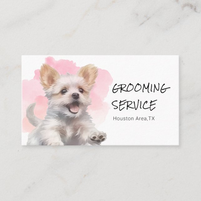 Cartão De Visita Pet Grooming Service - Cachorro de Aquarela Rosa (Frente)