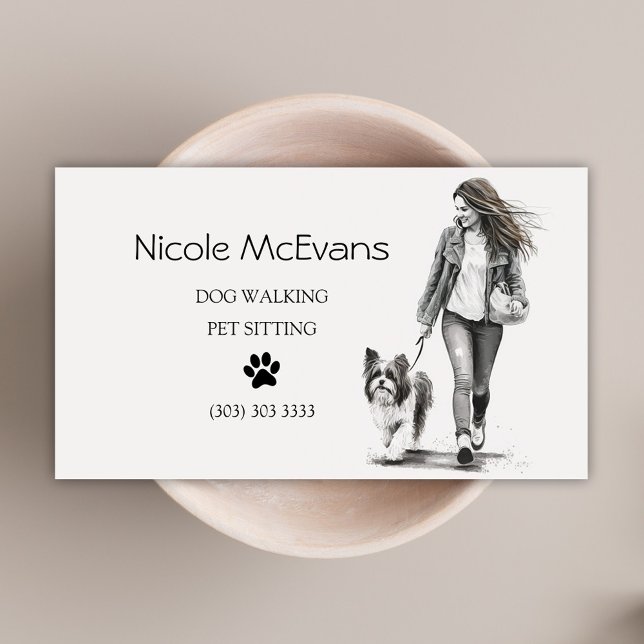 Cartão De Visita Pet Negra, Branca, Sitter Dog Walker (Pet Sitter Dog Walker Watercolor Business Card)