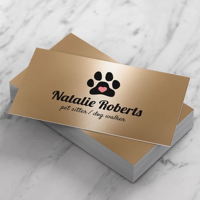 Cartão De Visita Pet Sitter Dog Walker Paw Moderno Dourado (Criador carregado)