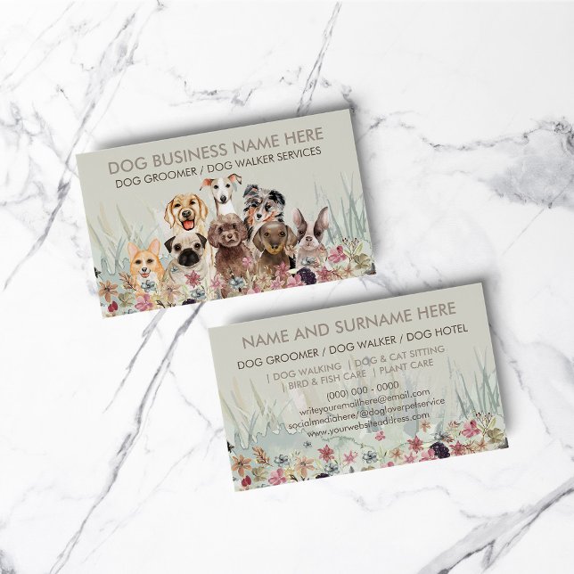 Cartão De Visita Pet Sitter Walker cão com mesinha verde grama flor (Pet Sitter Walker dog petcare green grass floral Business Card)