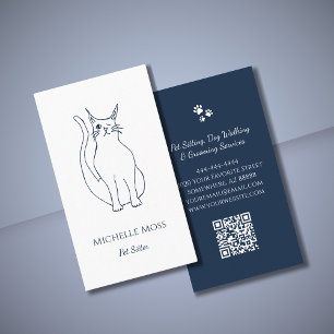 Cartão De Visita Pet Sitter Winking Cat Marinho Blue Código QR