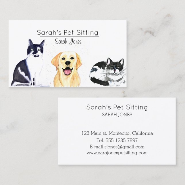 Cartão De Visita Pet Sitting Dog Cat Training Watercolor (Frente/Verso)