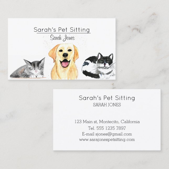 Cartão De Visita Pet Sitting Dog Cat Training Watercolor (Frente/Verso)