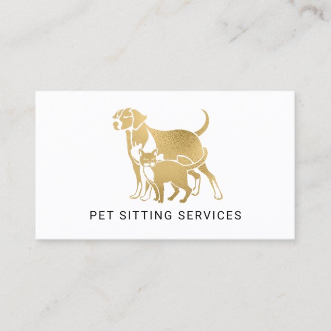 Cartão De Visita Pet Sitting Services Dourado e branco  (Frente)