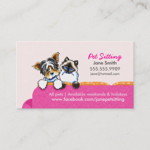 Cartão De Visita Pet Sitting Yorkie com gato sofá rosa