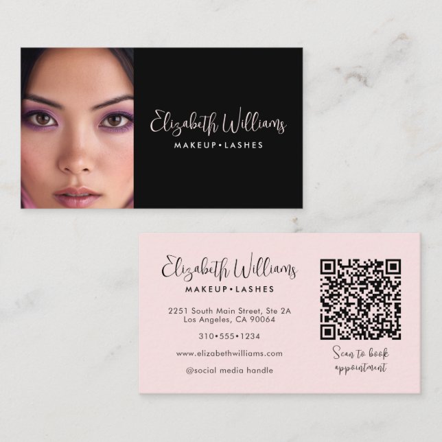 Cartão De Visita Photo Blush Pink Script Black QR Code Makeup Chic (Frente/Verso)