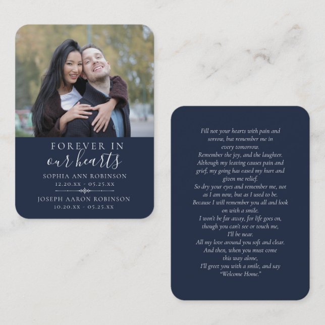 Cartão De Visita Photo Double Memorial Funeral Blue Prayer Card (Frente/Verso)