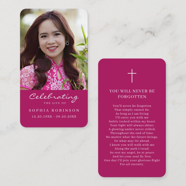 Cartão De Visita Photo Funeral Memorial Pink Prayer Card (Frente/Verso)