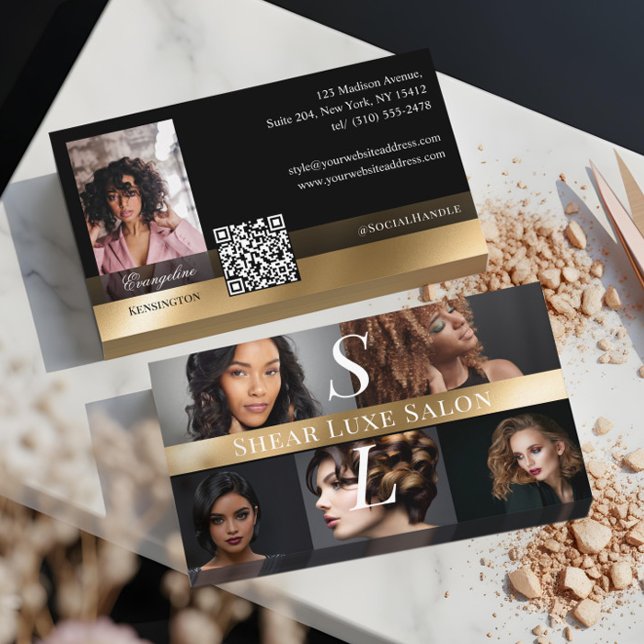 Cartão De Visita Photo Hair Salon Stylist Luxe Monogram Black Gold (Photo Hair Salon Stylist Luxe Monogram Black Gold Business Card)