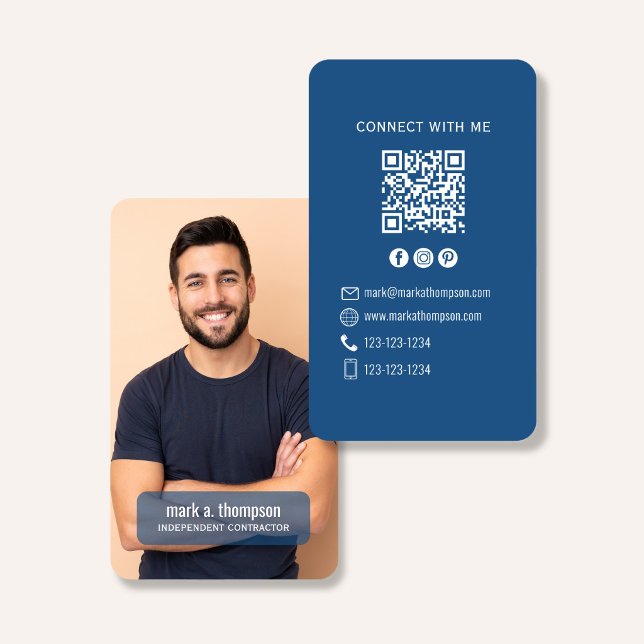 Cartão De Visita Photo QR Code Connect With Me Blue Modern (Blue QR code contact card with photo and clean corporate style design)