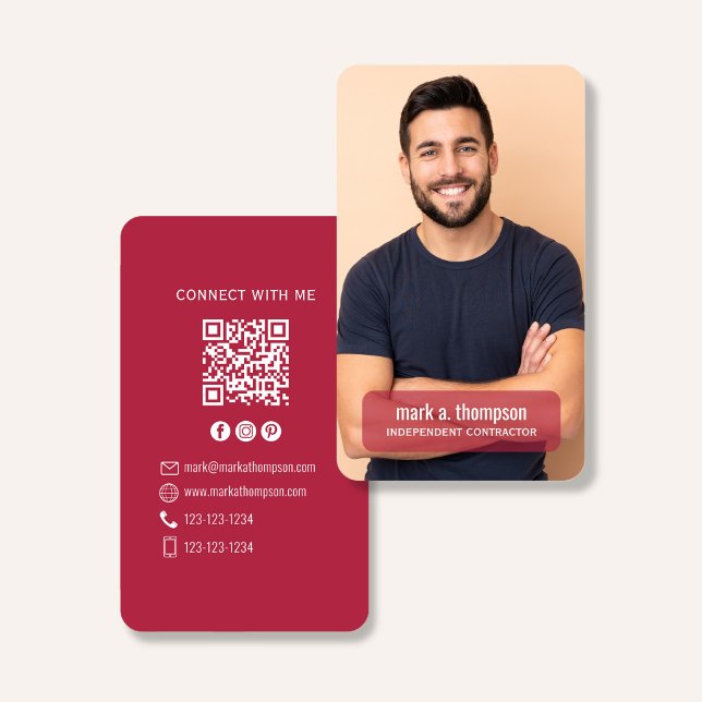 Cartão De Visita Photo QR Code Connect With Me Burgundy Modern (Elegant burgundy QR code contact design with photo and clean modern layout)