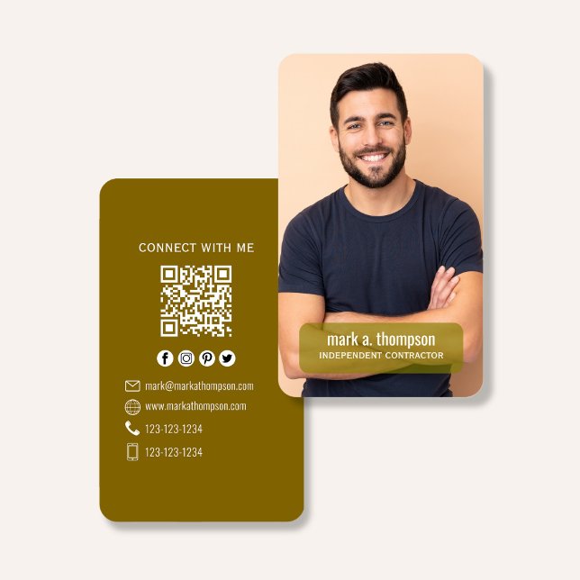 Cartão De Visita Photo QR Code Connect With Me Mustard Modern (Modern mustard QR code business card with photo and clean professional layout)