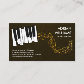 Cartão De Visita Piano Keys Floating Dourado Music Notes Professor 