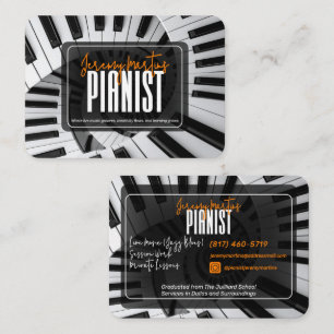 Cartão De Visita Piano Moderno Espiral Branco no Preto Laranja Pian