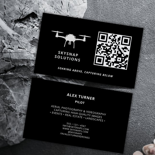 Cartão De Visita Piloto de drone Fotografia personalizada Código QR (Drone logo can be replaced with your business logo or kept as is.)