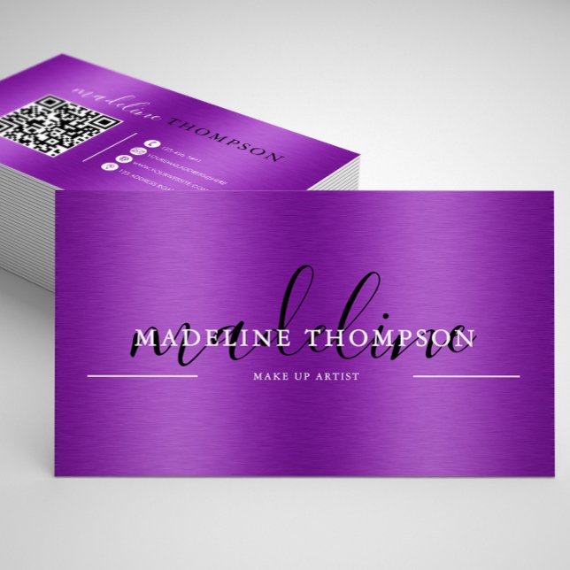 Cartão De Visita Pincel Metálico Roxo Código QR do Script de Aço (Criador carregado)