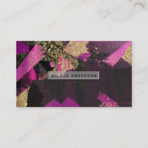 Cartão De Visita Pincel Moderno Glitter Dourado Preto Rosa Glam Gru
