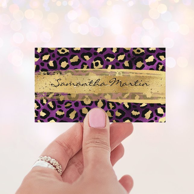 Cartão De Visita Pincel-Púrpura e Dourada (Gold and Purple Foil Leopard Brush Stroke Business Card)