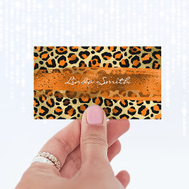 Cartão De Visita Pincelada de Leopardo com Folha Dourada Laranja