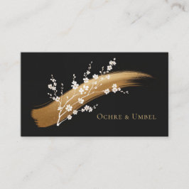 Cartão De Visita Pincelada Dourada Floral Branco Preto Elegante