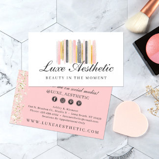Cartão De Visita Pinceladas de Pintura Rosa Bege e Dourado Rosa Míd