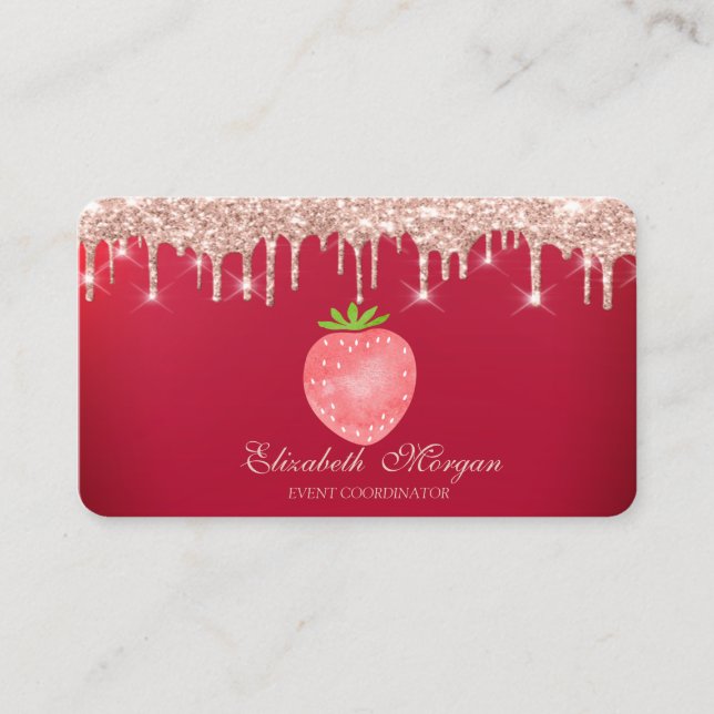 Cartão De Visita Pingos de Rosa Dourado Morango Vermelho (Frente)