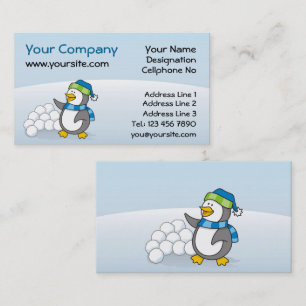 Cartão De Visita Pinguim pequeno com bolas de neve balançando