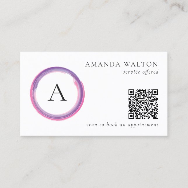 Cartão De Visita Pink and Purple Monogram QR Code Modern (Frente)