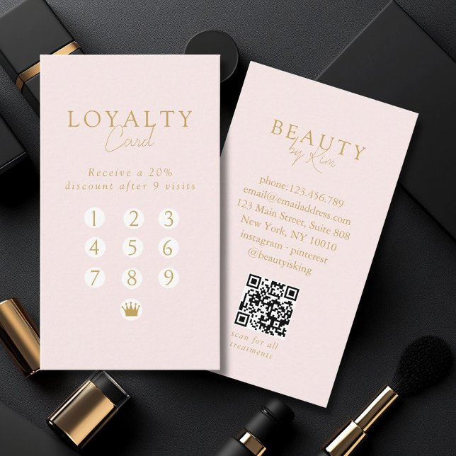 Cartão De Visita Pink & Beige-Gold  Minimal Salon QR Code Loyalty (Pink & Beige-Gold Minimal Salon QR Code Loyalty Business Card)