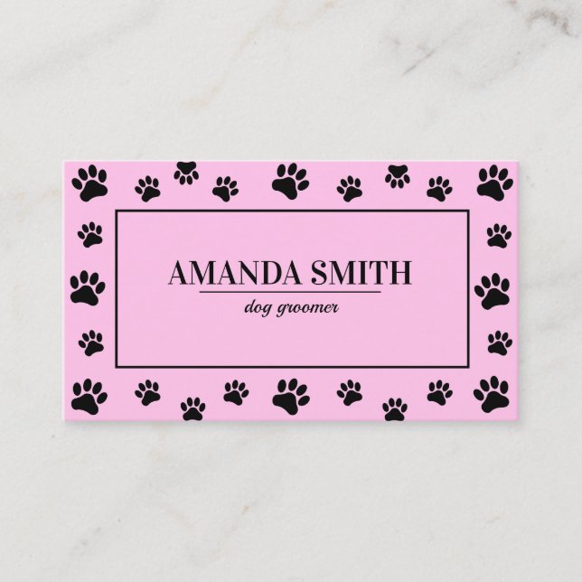 Cartão De Visita Pink & Black Paw Prints Dog Groomer Business Card (Frente)