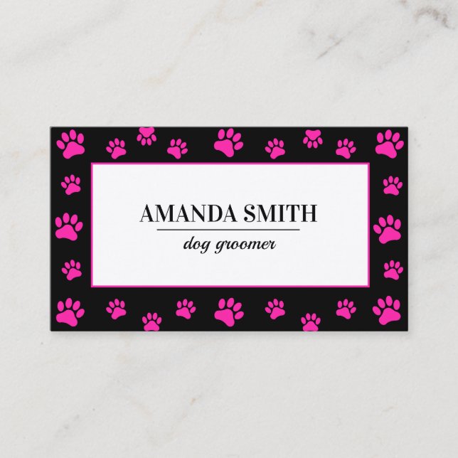 Cartão De Visita Pink & Black Paw Prints Dog Groomer Business Card (Frente)