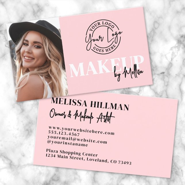 Cartão De Visita Pink Black Photo Logo Makeup (Pink Black Script Photo Logo Makeup Business Card )