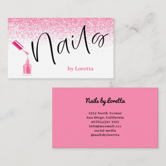 Cartão de Visita Pink Glitter Nails (Frente/Verso)