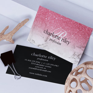 Cartão De Visita Pink Glitter Ombre Monogram Marble Salon Makeup