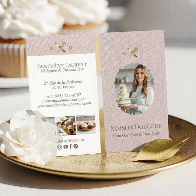 Cartão De Visita Pink Linen Elegant Chic Bakery Gold Whisk Photo  (Pink Linen Elegant Chic Bakery Gold Whisk Photo Business Card)