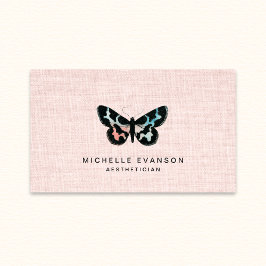 Cartão De Visita Pink Linen Watercolor Butterfly Logo Elegant