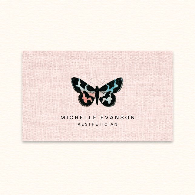 Cartão De Visita Pink Linen Watercolor Butterfly Logo Elegant (Criador carregado)